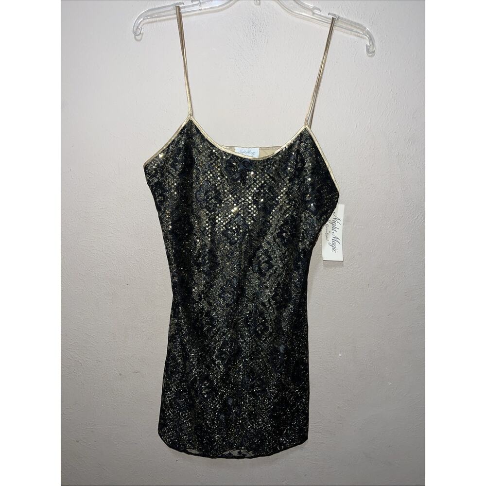 VTG 90's NIGHT MAGIC CINEMA ETOILE BLACK GOLD LACE CHEMISE NIGHTGOWN M Dress